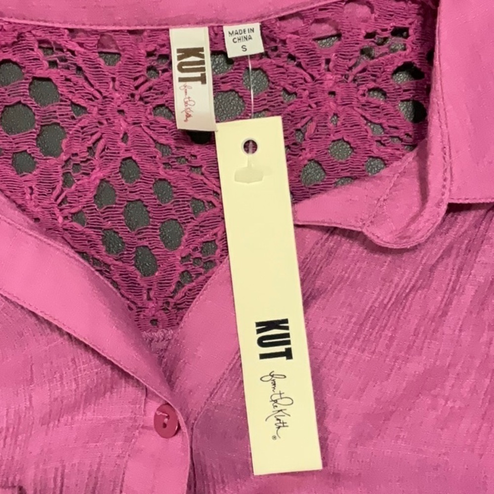 359- Kut from the Kloth NWT Purple Sheer Open Lace Long Sleeve Henley Size Small - Picture 3 of 5